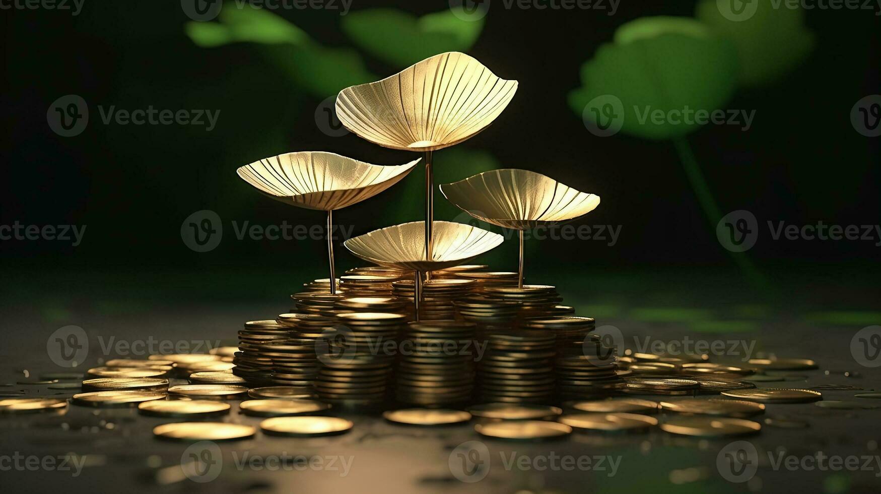 AI generated Futuristic 3D representation of a plant growing from a pile of golden coins Generative AI photo