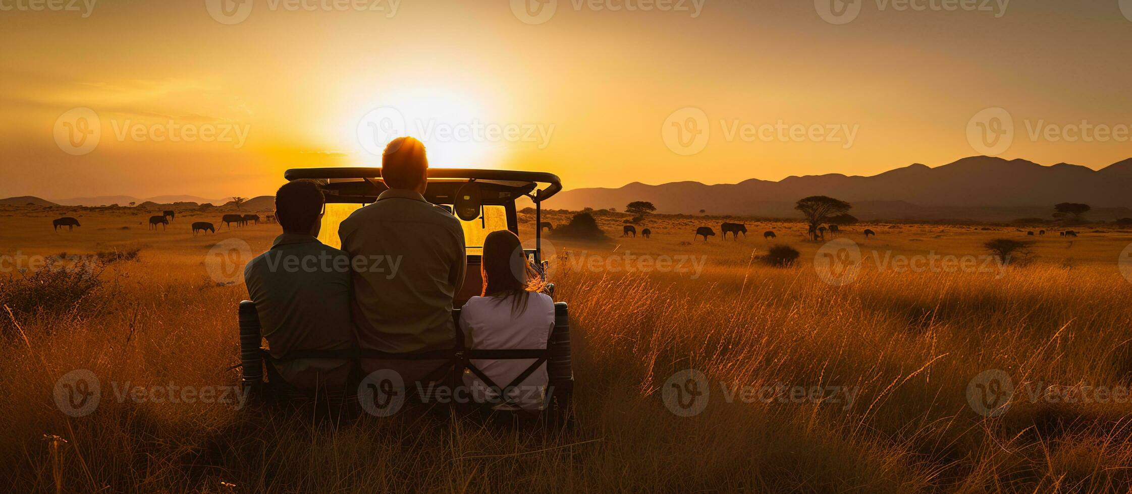 AI generated a couple on a safari sitting wildlife in the background sunset photo