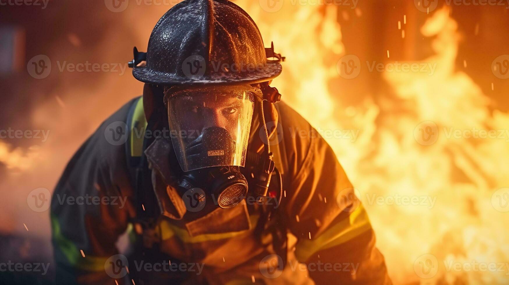 AI generated Firefighter works in burning building fireman on flame background Generative AI photo