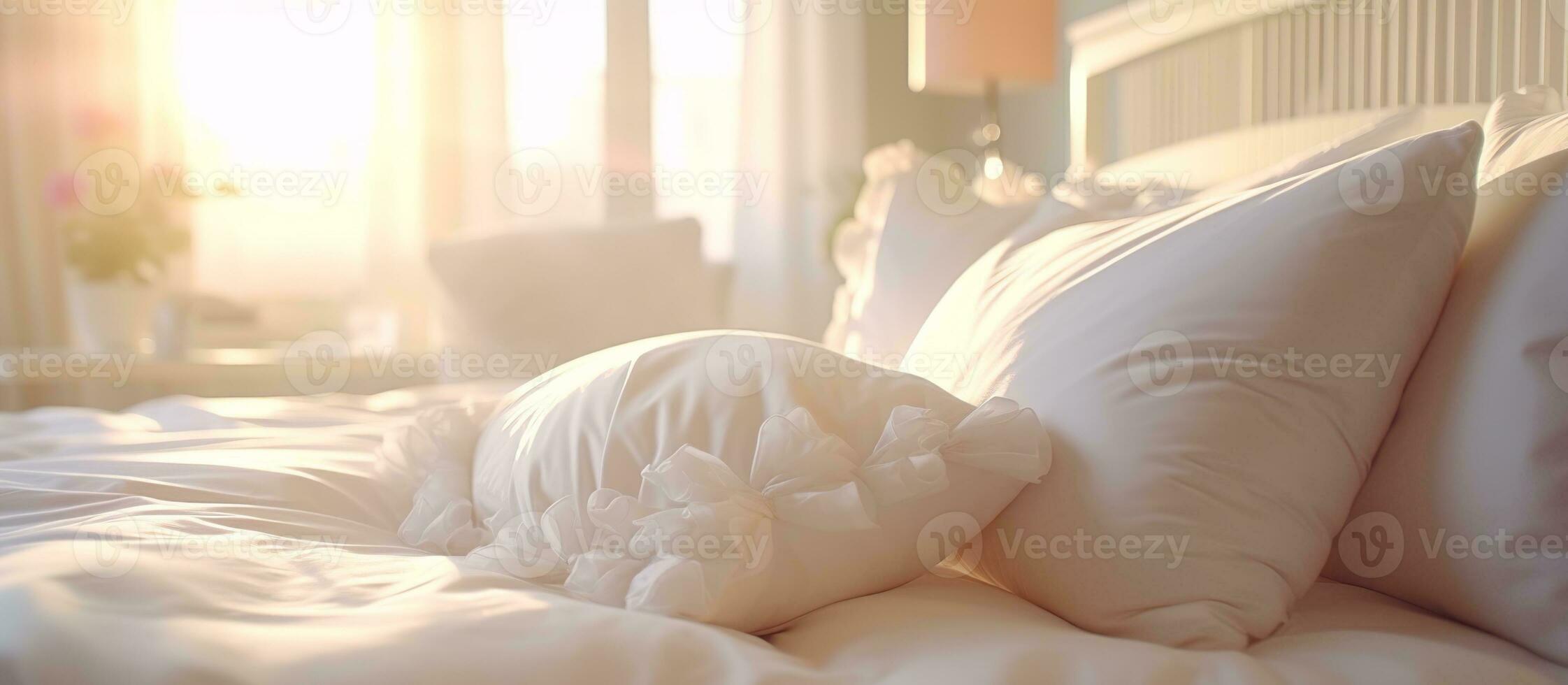 AI generated Bed maid-up with clean white pillows and bed sheets in beauty room photo