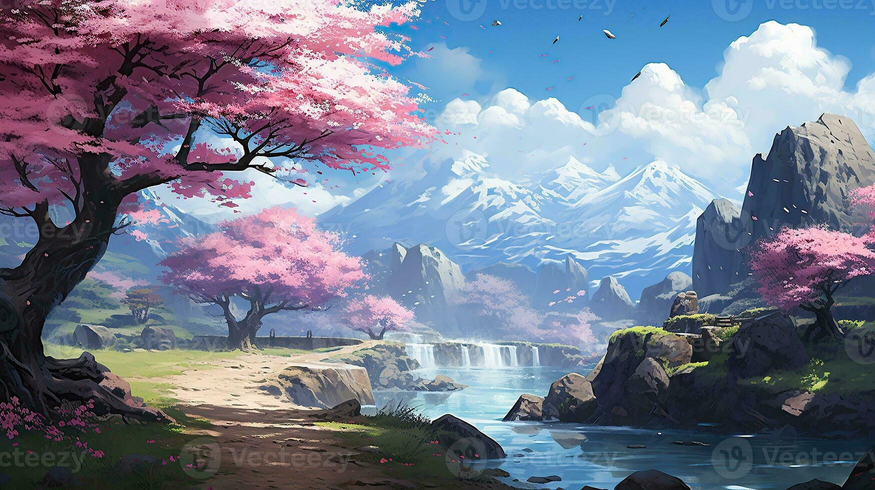 AI generated Beautiful fantasy spring nature landscape and cherry blossom tree animated background in japanese anime watercolor Generative AI photo