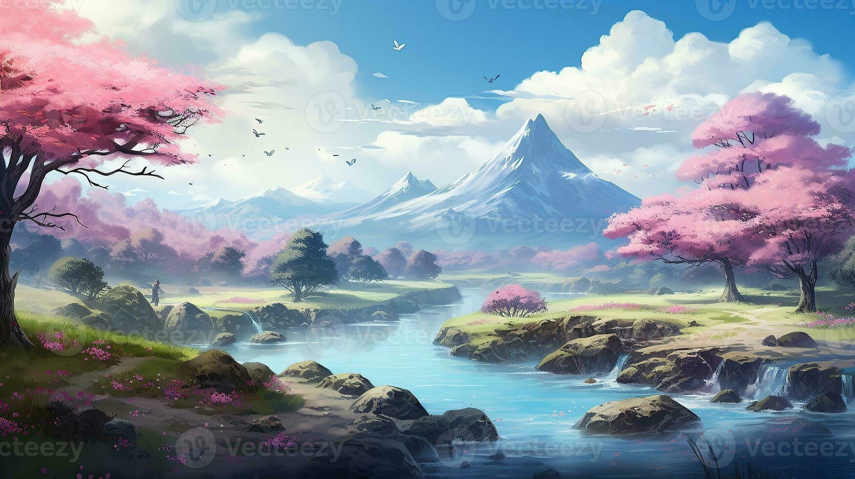 AI generated Beautiful fantasy spring nature landscape and cherry blossom tree animated background in japanese anime watercolor Generative AI photo