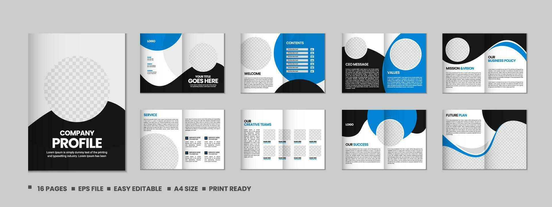 Company profile, multipage flyer brochure, 16 pages portfolio magazine, annual report, catalog and a4 multipage template design vector