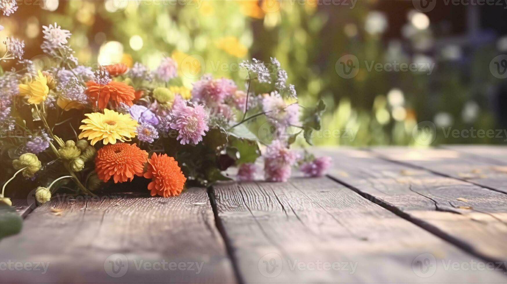 AI generated Garden flowers on wooden table background Generative AI photo