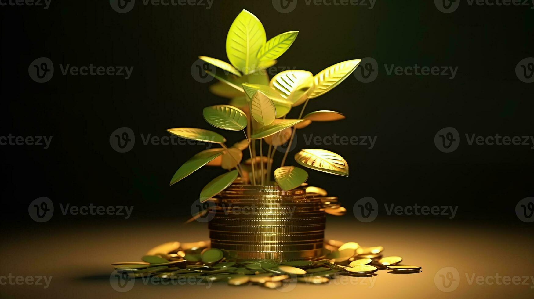 AI generated Futuristic 3D representation of a plant growing from a pile of golden coins Generative AI photo