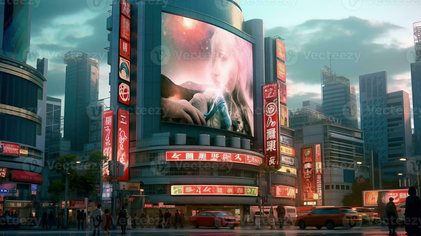 AI generated Futuristic city with billboards Generative AI photo