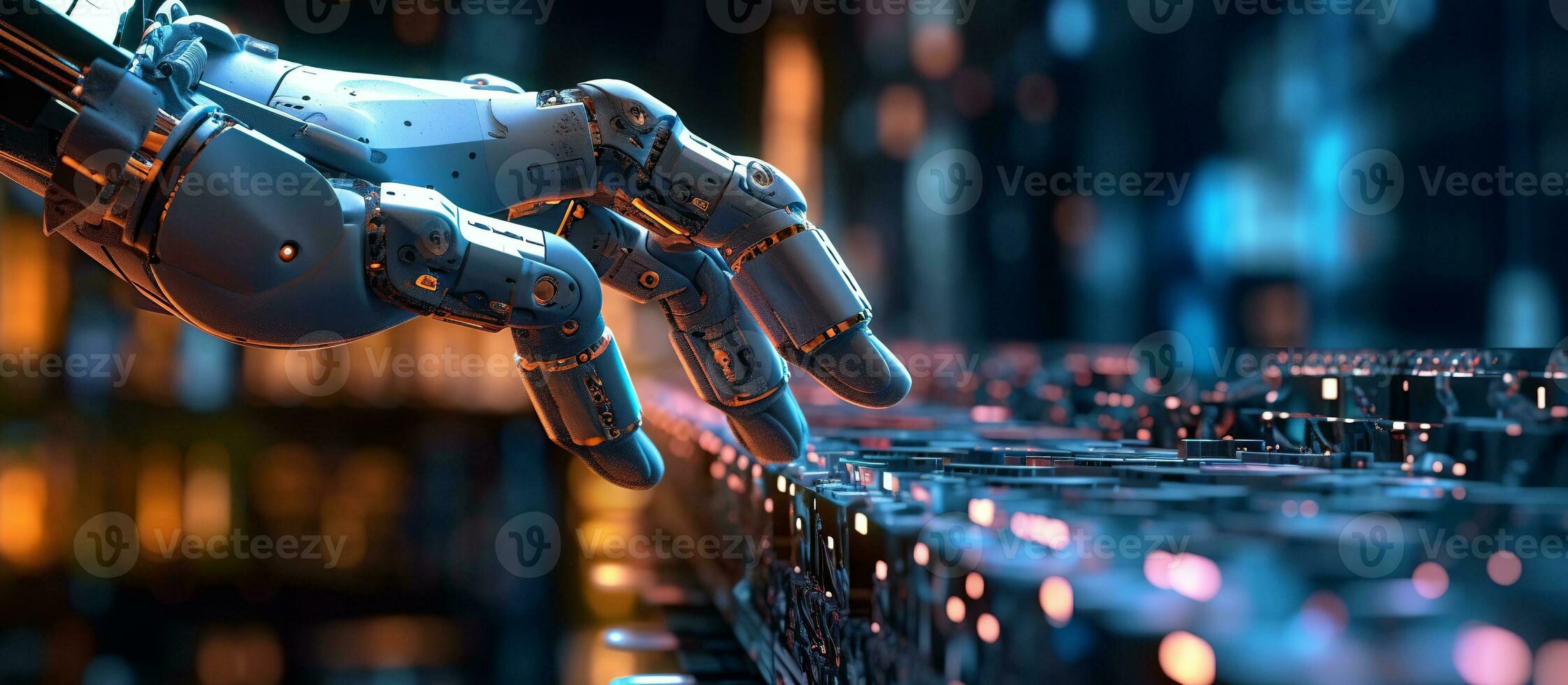 AI generated AI, Machine learning, Hand of robot touching on big data network photo