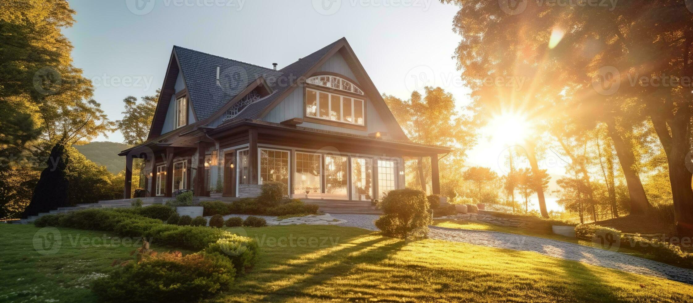 AI generated Beautiful Home Exterior with sunshine or sunrise photo