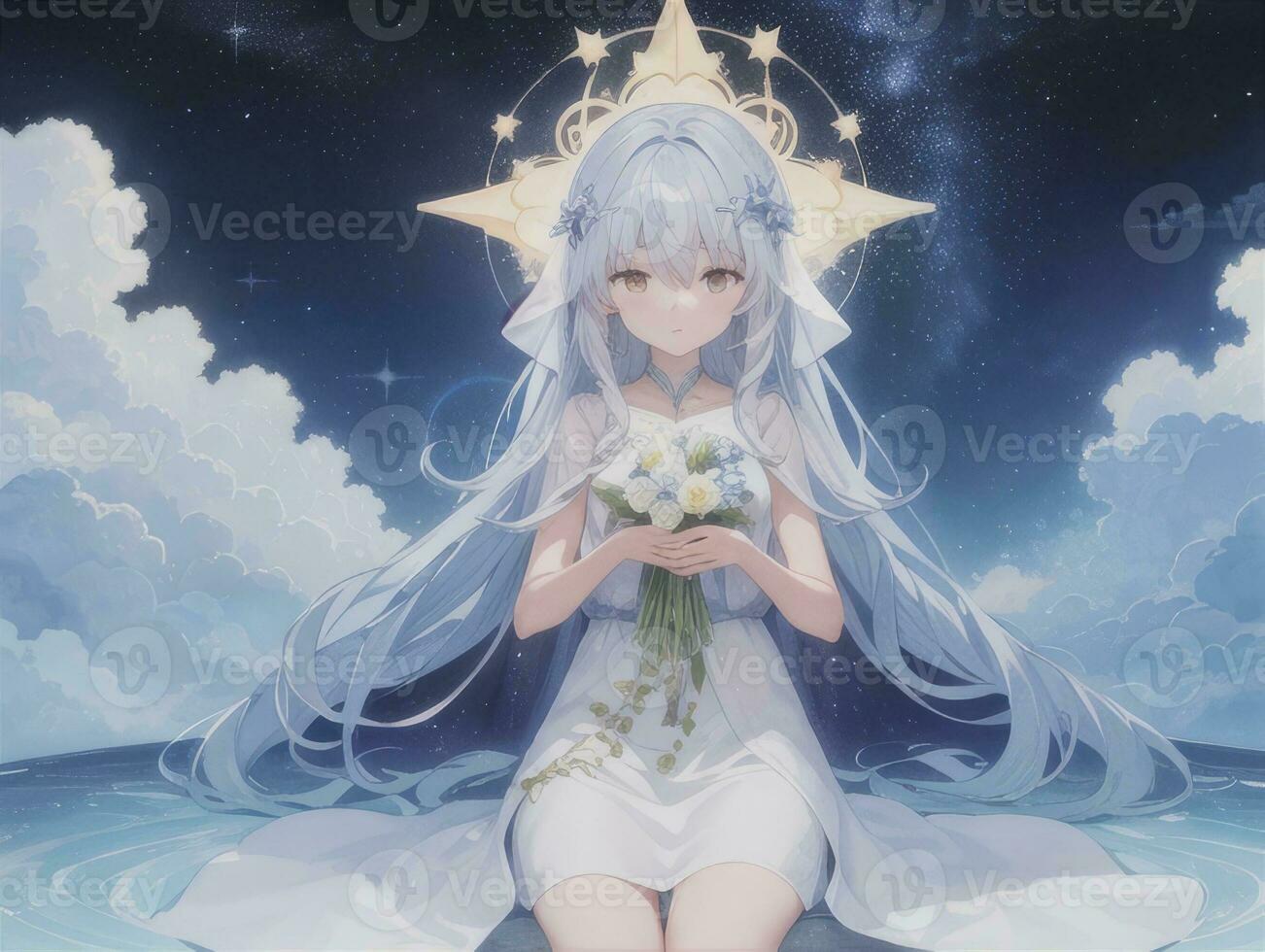 AI generated Anime Character with Starry Sky and Celestial Star Visual Novel Background photo