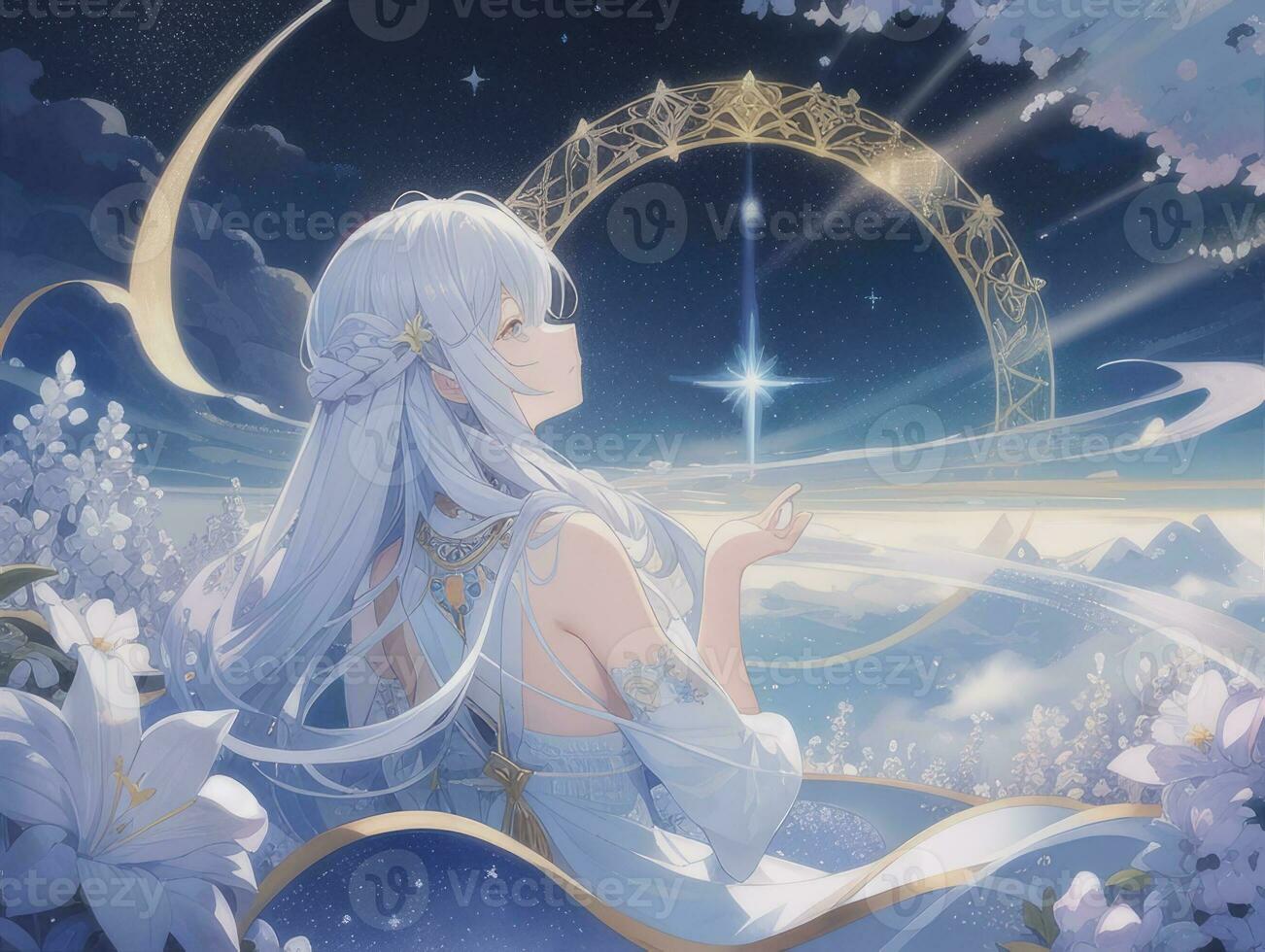 AI generated Anime Character with Starry Sky and Celestial Star Visual Novel Background photo
