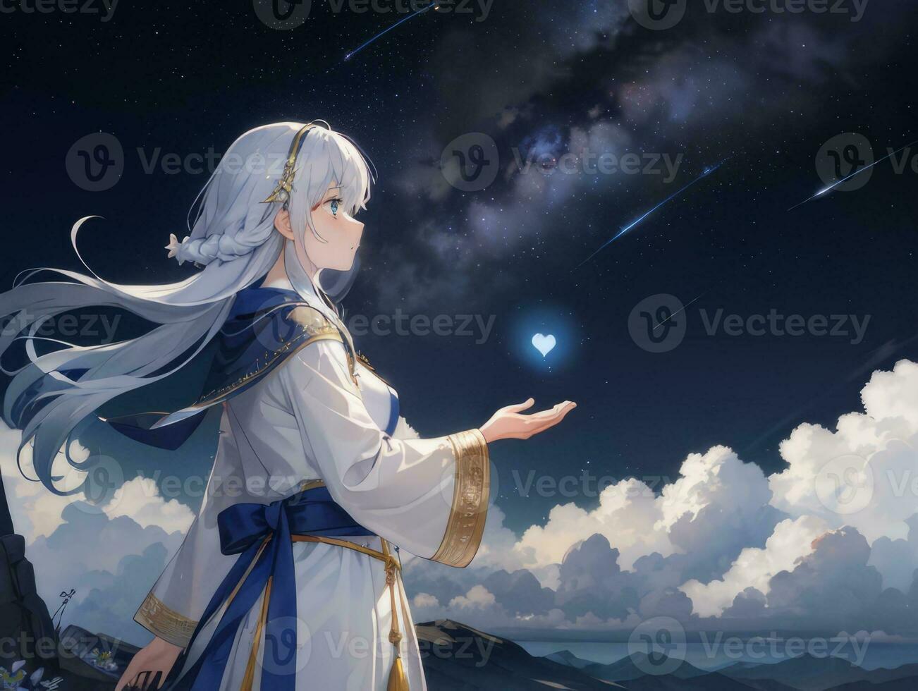 AI generated Anime Character with Starry Sky and Celestial Star Visual Novel Background photo