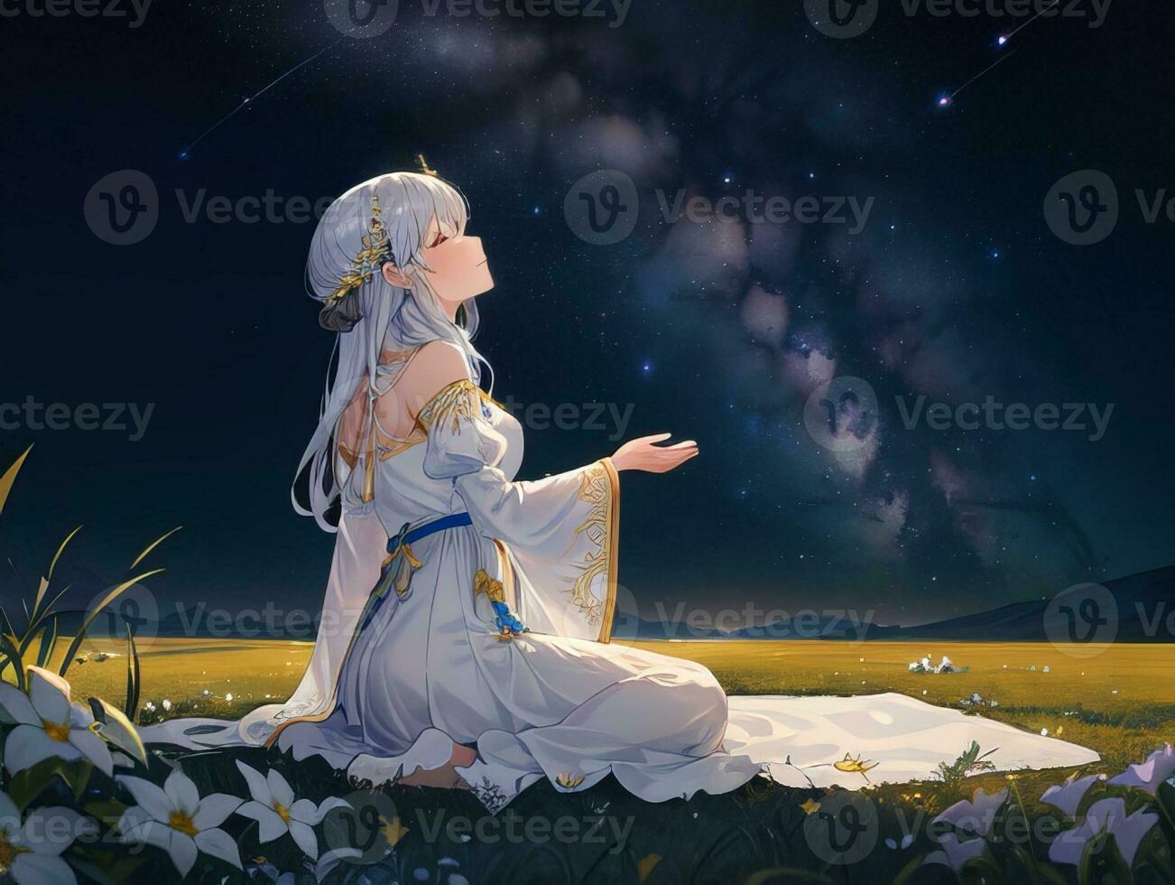 AI generated Anime Character with Starry Sky and Celestial Star Visual Novel Background photo