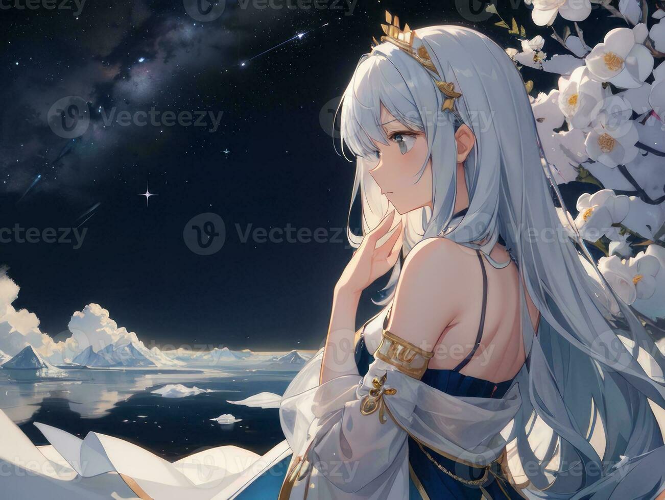 AI generated Anime Character with Starry Sky and Celestial Star Visual Novel Background photo