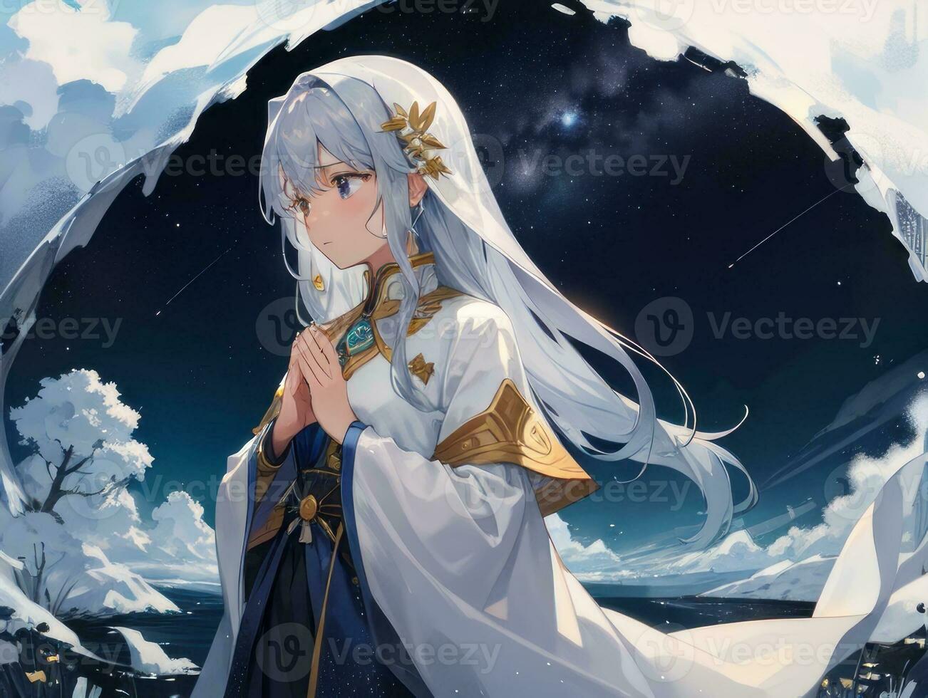 AI generated Anime Character with Starry Sky and Celestial Star Visual Novel Background photo