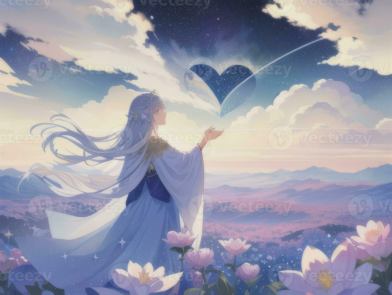 AI generated Anime Character with Starry Sky and Celestial Star Visual Novel Background photo