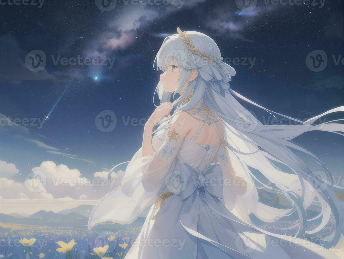 AI generated Anime Character with Starry Sky and Celestial Star Visual Novel Background photo