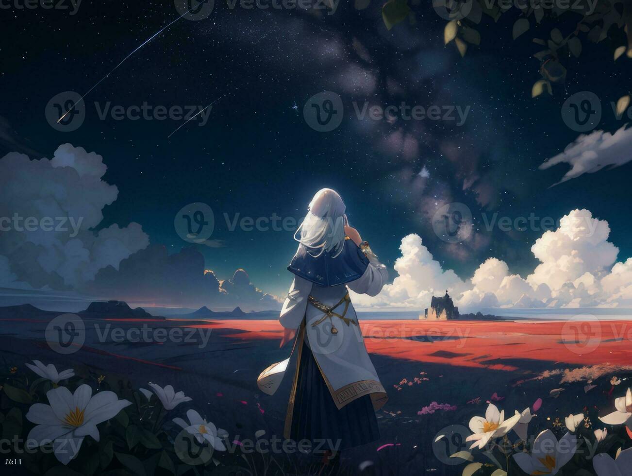 AI generated Anime Character with Starry Sky and Celestial Star Visual Novel Background photo