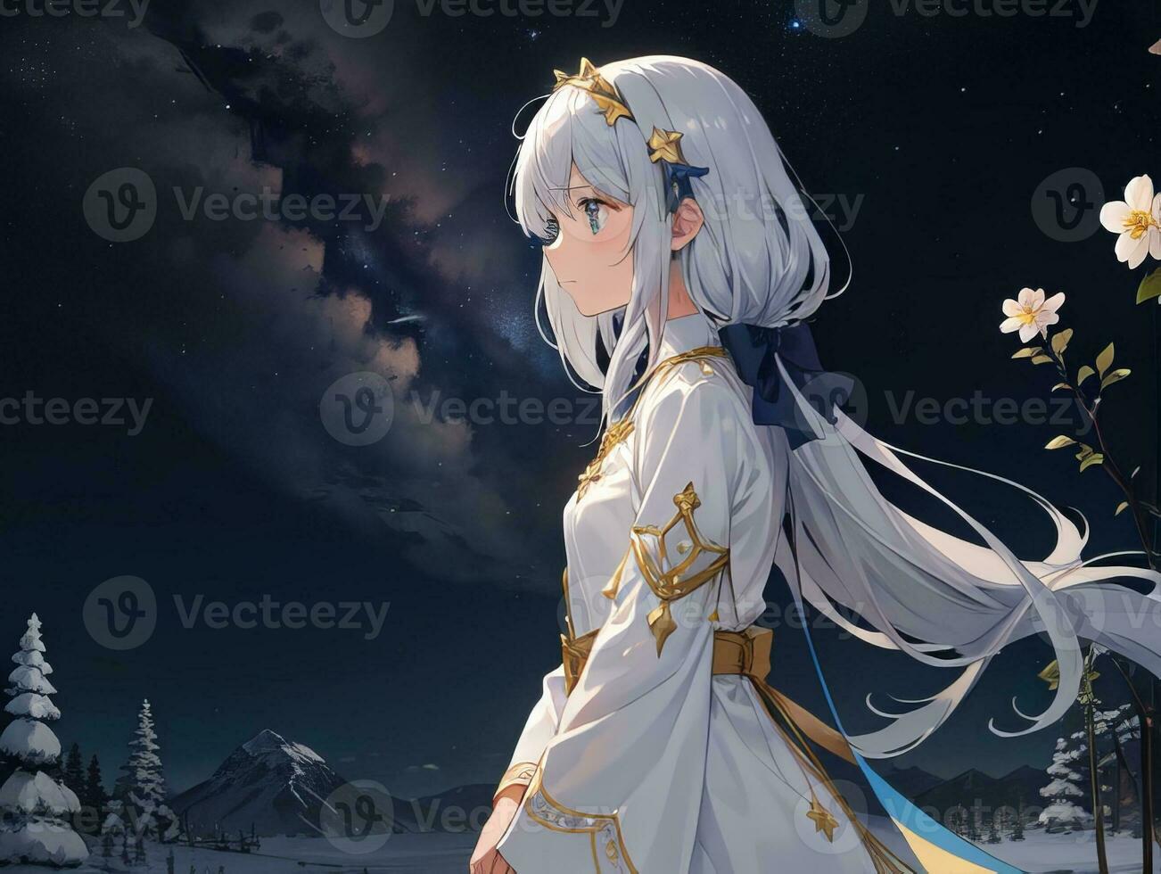 AI generated Anime Character with Starry Sky and Celestial Star Visual Novel Background photo