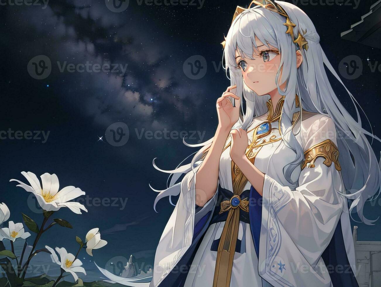AI generated Anime Character with Starry Sky and Celestial Star Visual Novel Background photo