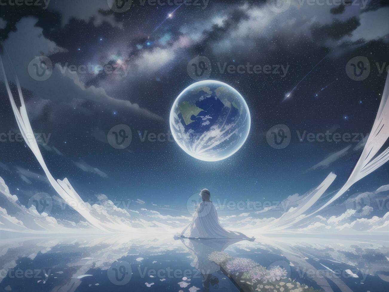 AI generated Anime Character with Starry Sky and Celestial Star Visual Novel Background photo