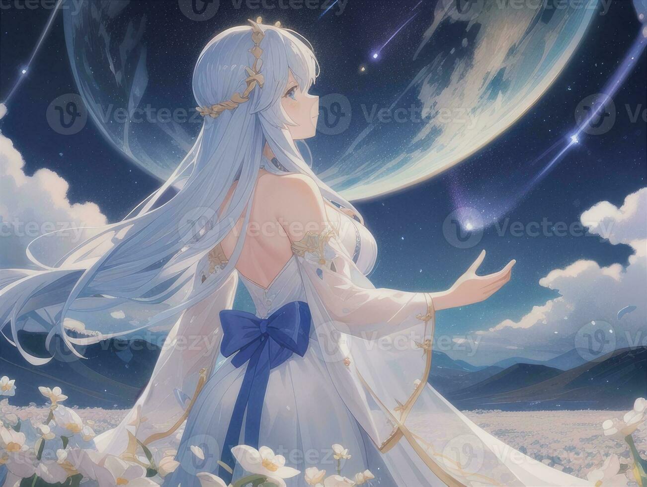 AI generated Anime Character with Starry Sky and Celestial Star Visual Novel Background photo