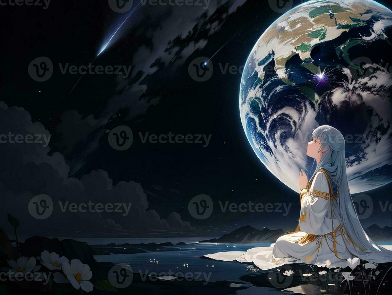 AI generated Anime Character with Starry Sky and Celestial Star Visual Novel Background photo