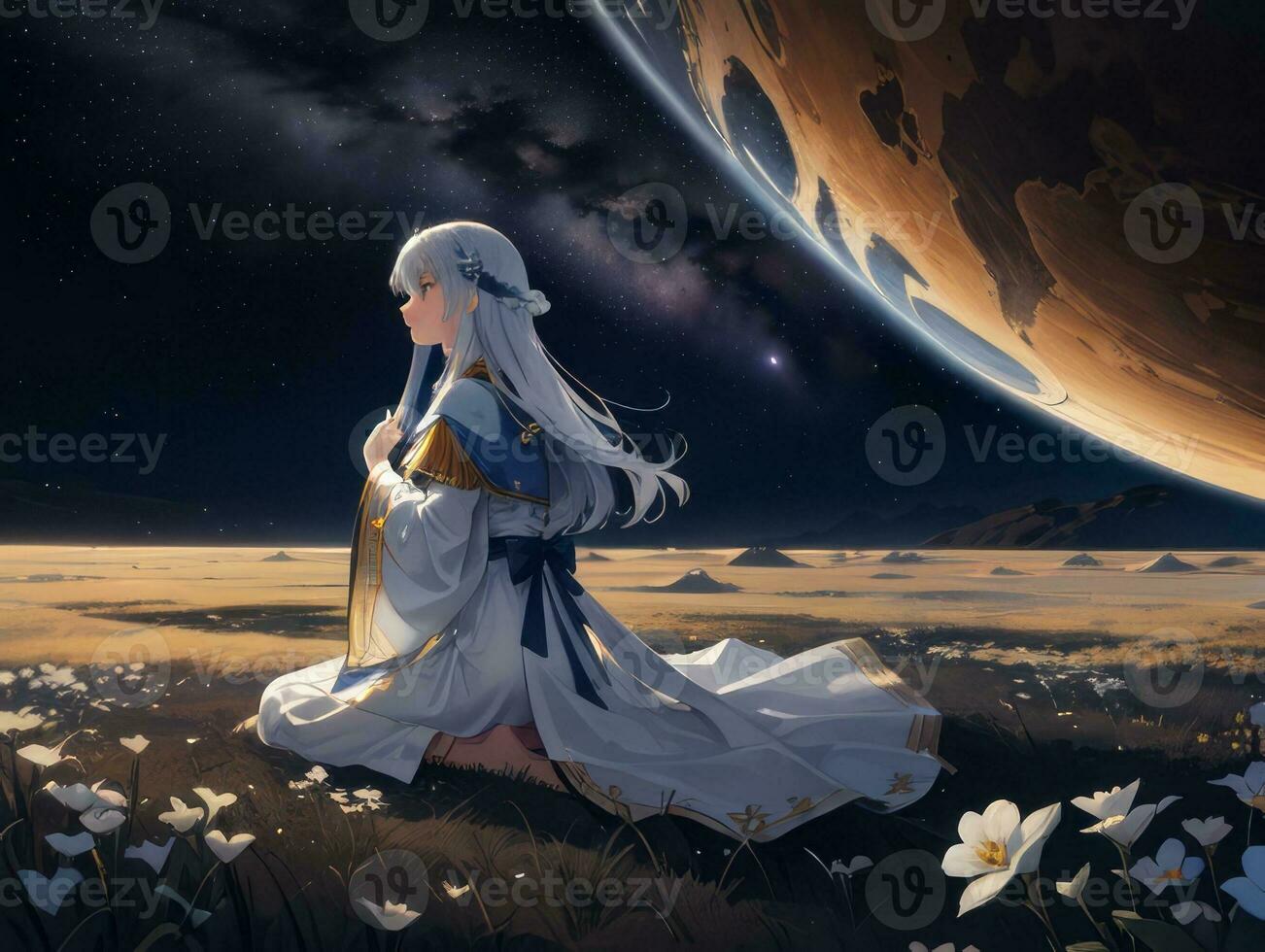 AI generated Anime Character with Starry Sky and Celestial Star Visual Novel Background photo