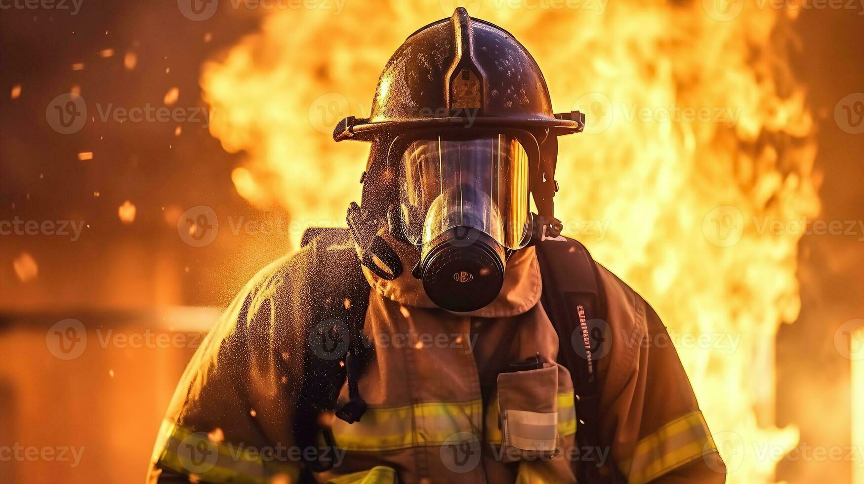 AI generated Firefighter works in burning building fireman on flame background Generative AI photo