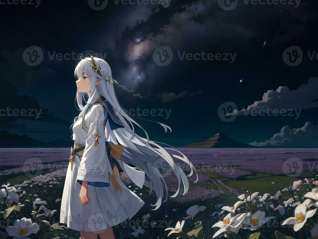 AI generated Anime Character with Starry Sky and Celestial Star Visual Novel Background photo