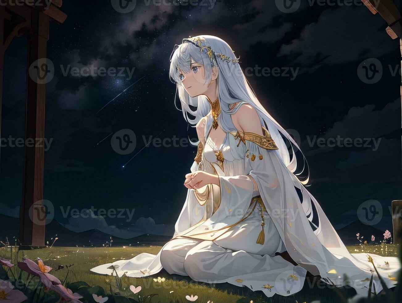 AI generated Anime Character with Starry Sky and Celestial Star Visual Novel Background photo