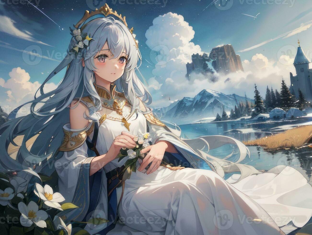 AI generated Anime Character with Starry Sky and Celestial Star Visual Novel Background photo