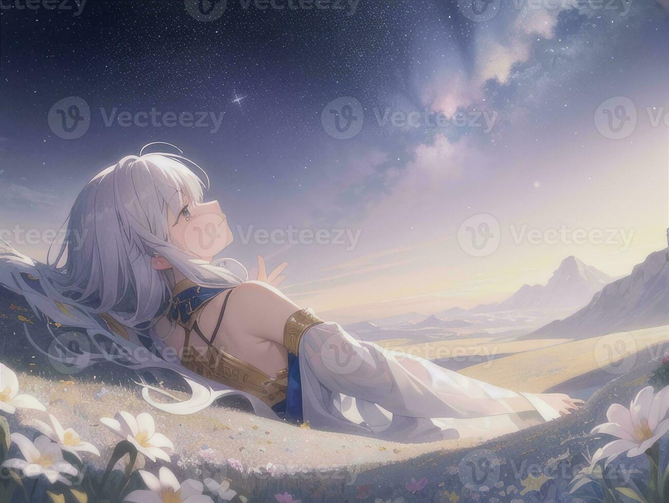 AI generated Anime Character with Starry Sky and Celestial Star Visual Novel Background photo
