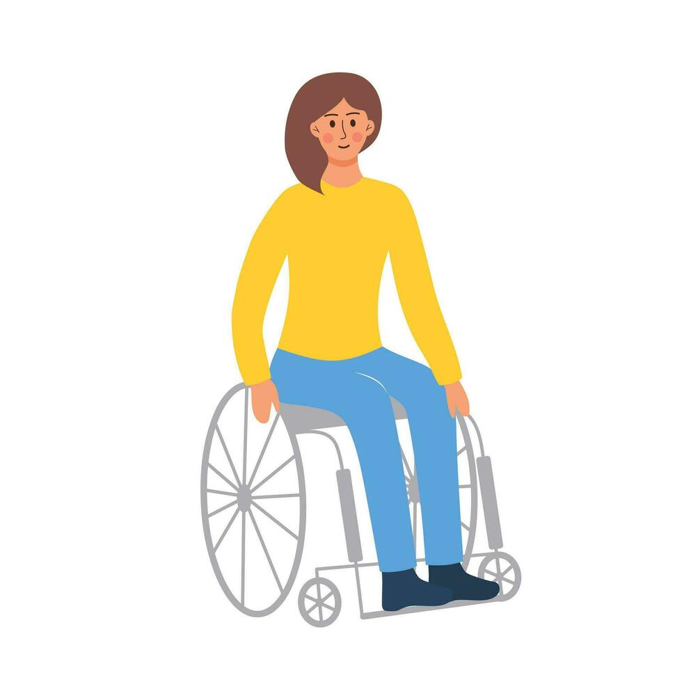 mujer es sentado en un silla de ruedas. hembra personaje pasando rehabilitación después trauma o enfermedad. discapacitado persona. apoyo, especial necesidades concepto. vector