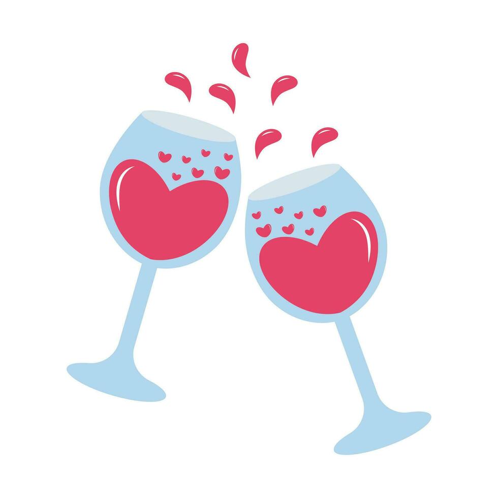 Two clinking wine glasses with hearts and drops. Valentine's day romantic clipart. Love beverage. Vector illustration in flat style.