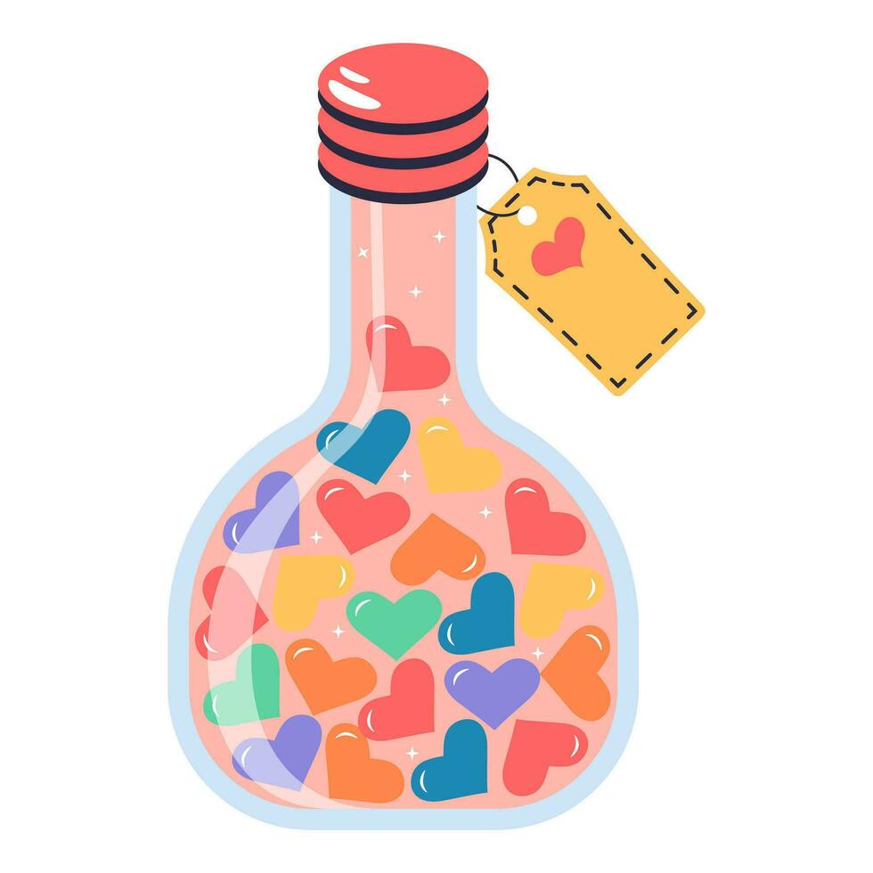 Bottle with hearts and label. Glass bottle with rainbow hearts. Rainbow colors of LGBT pride flag. vector