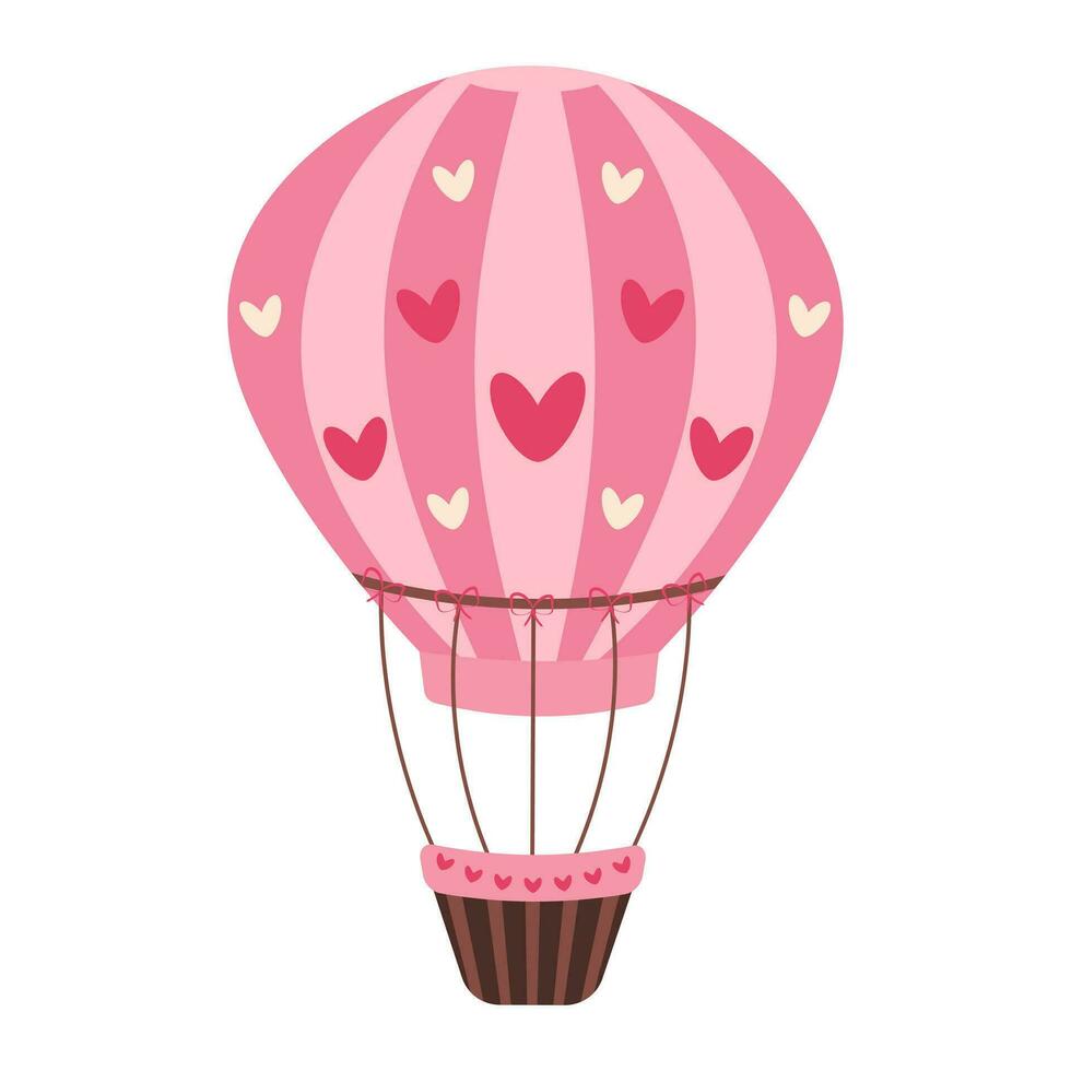 Hot air balloon with hearts. Valentine's day romantic clipart. Vector illustration in flat style.