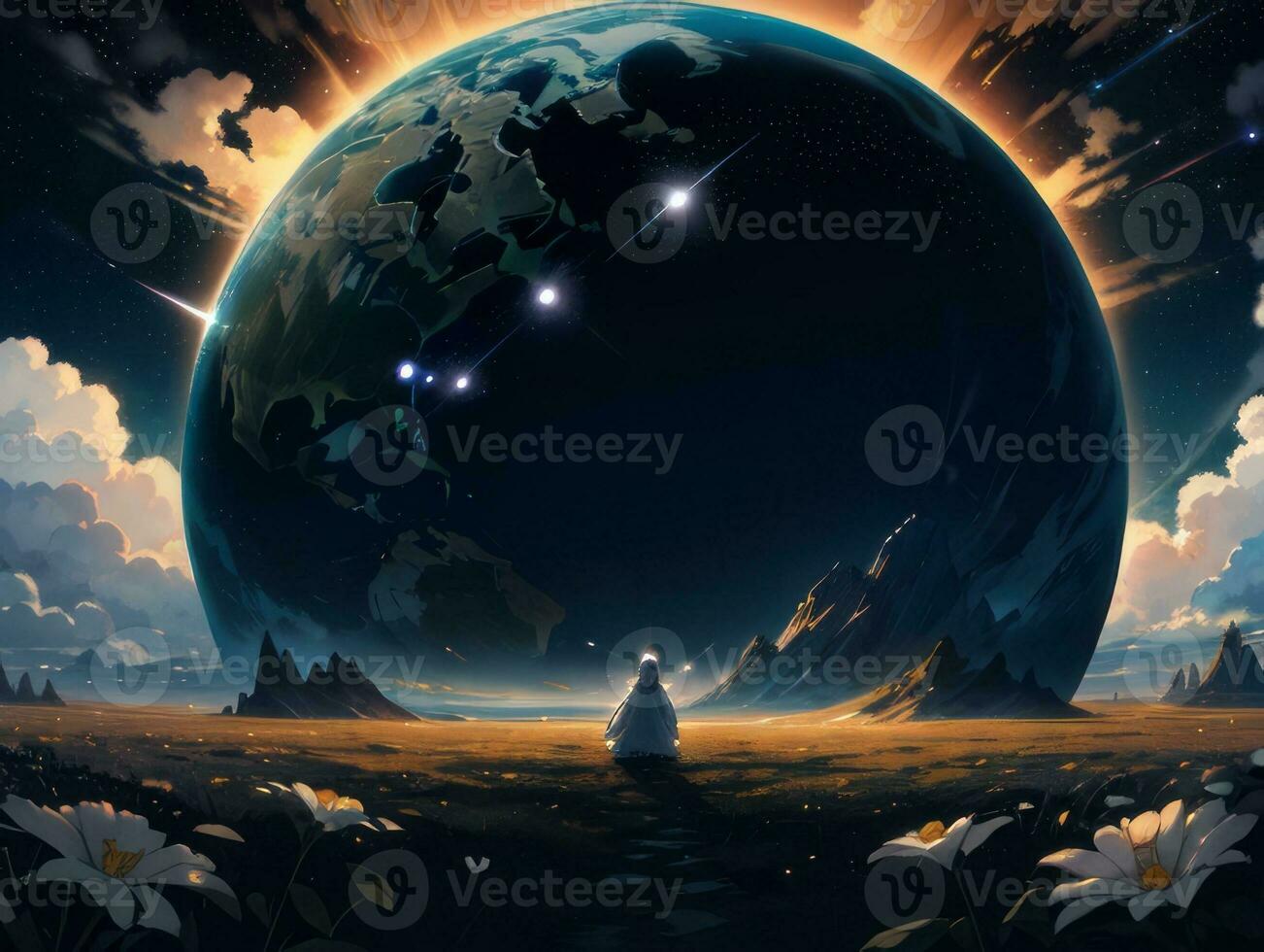 AI generated Surreal Landscape With Field and Nature Looking at the Celestial Starry Sky Majestic Background photo