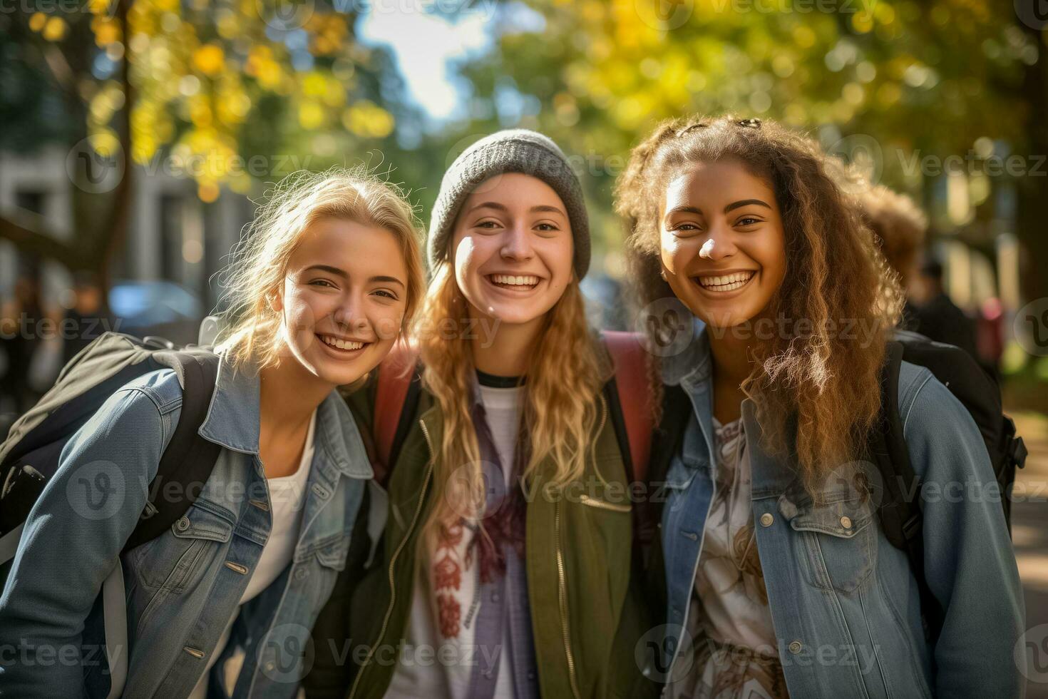 AI generated Smiling Female Students Enjoy Autumn Day photo
