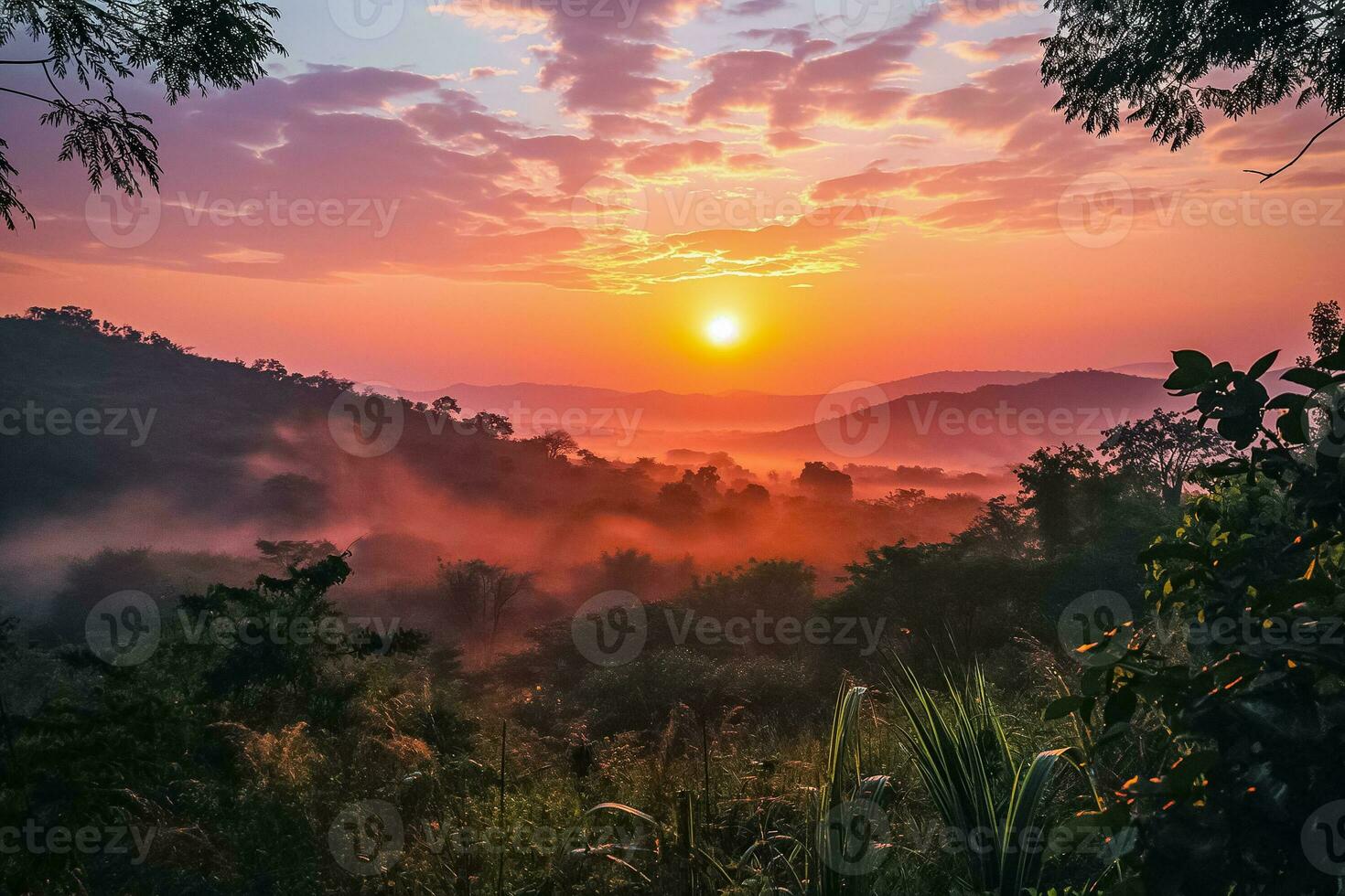 ai generado brumoso montaña amanecer, tranquilo belleza foto