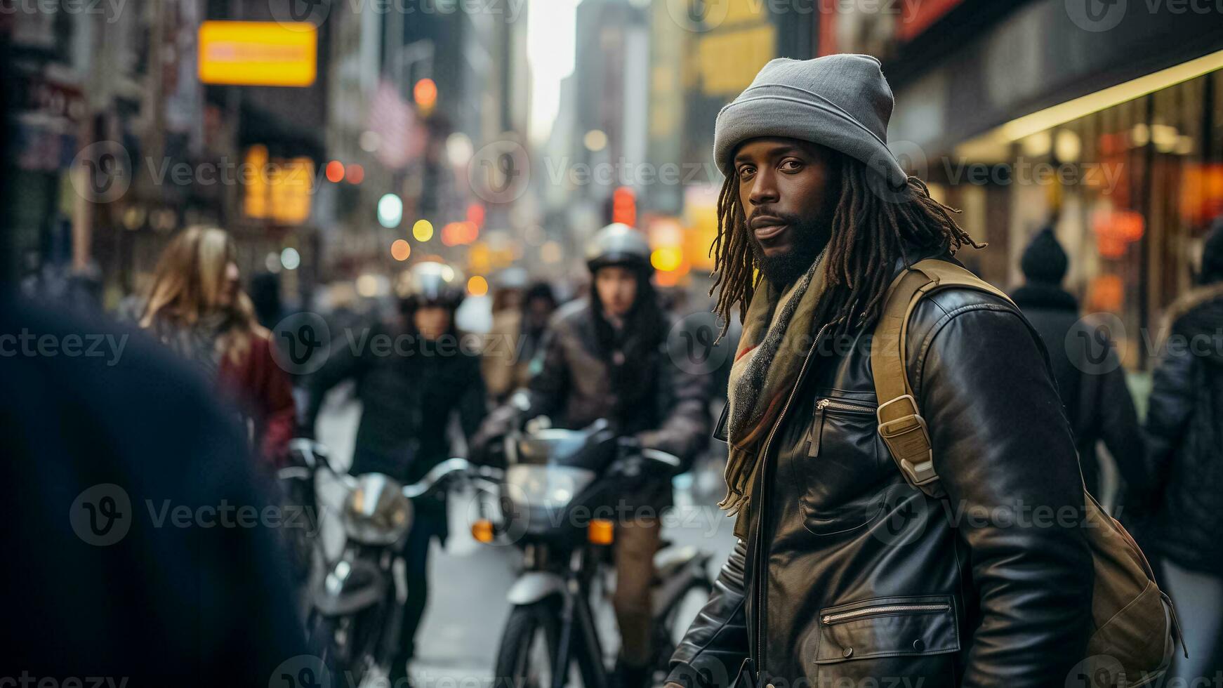 AI generated Stylish Man Navigates Bustling City Life photo