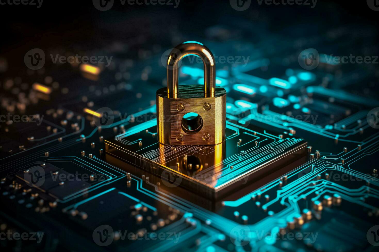 AI generated Golden Padlock Secures Blue Circuit Board photo