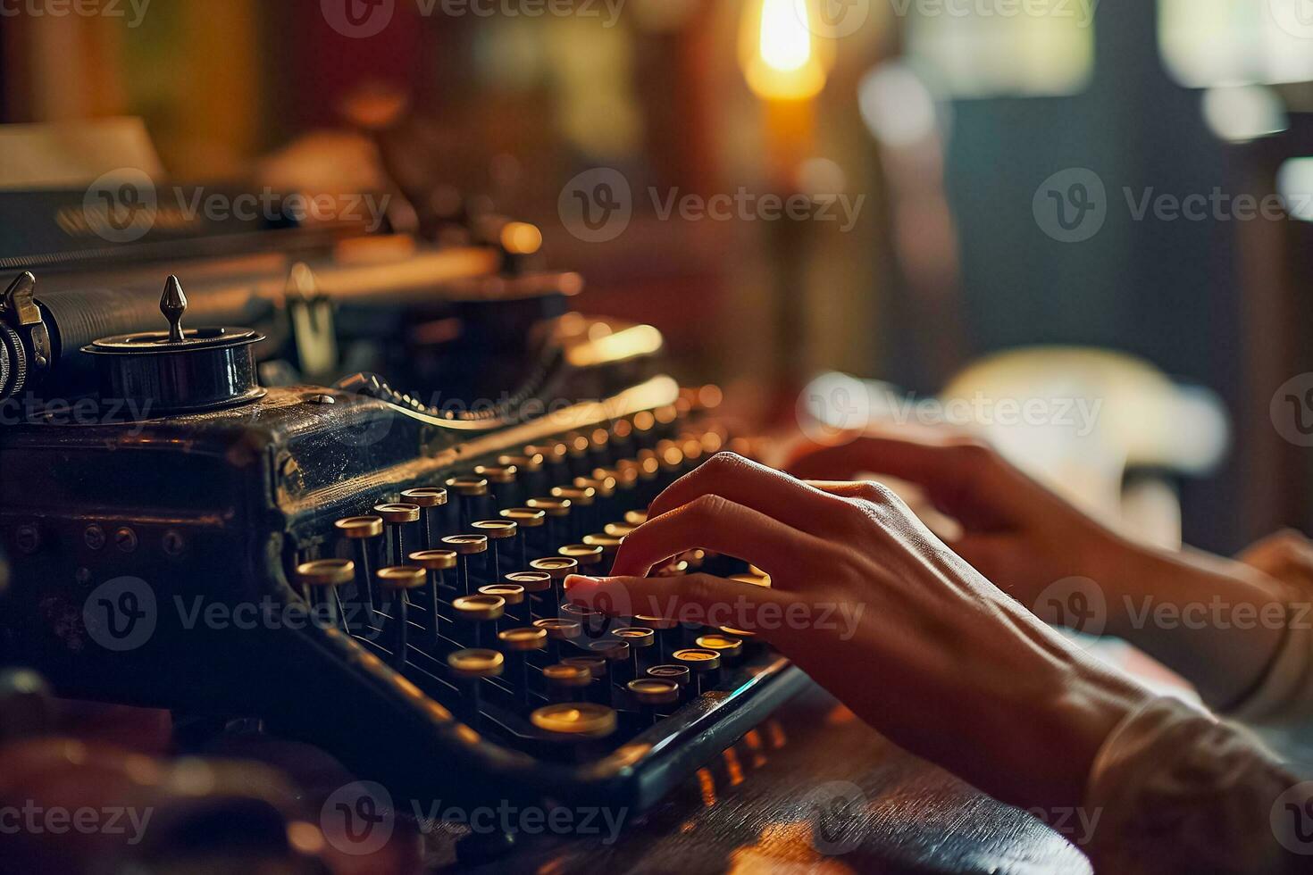AI generated Vintage Typewriter, Hands Ignite Nostalgic Creativity photo