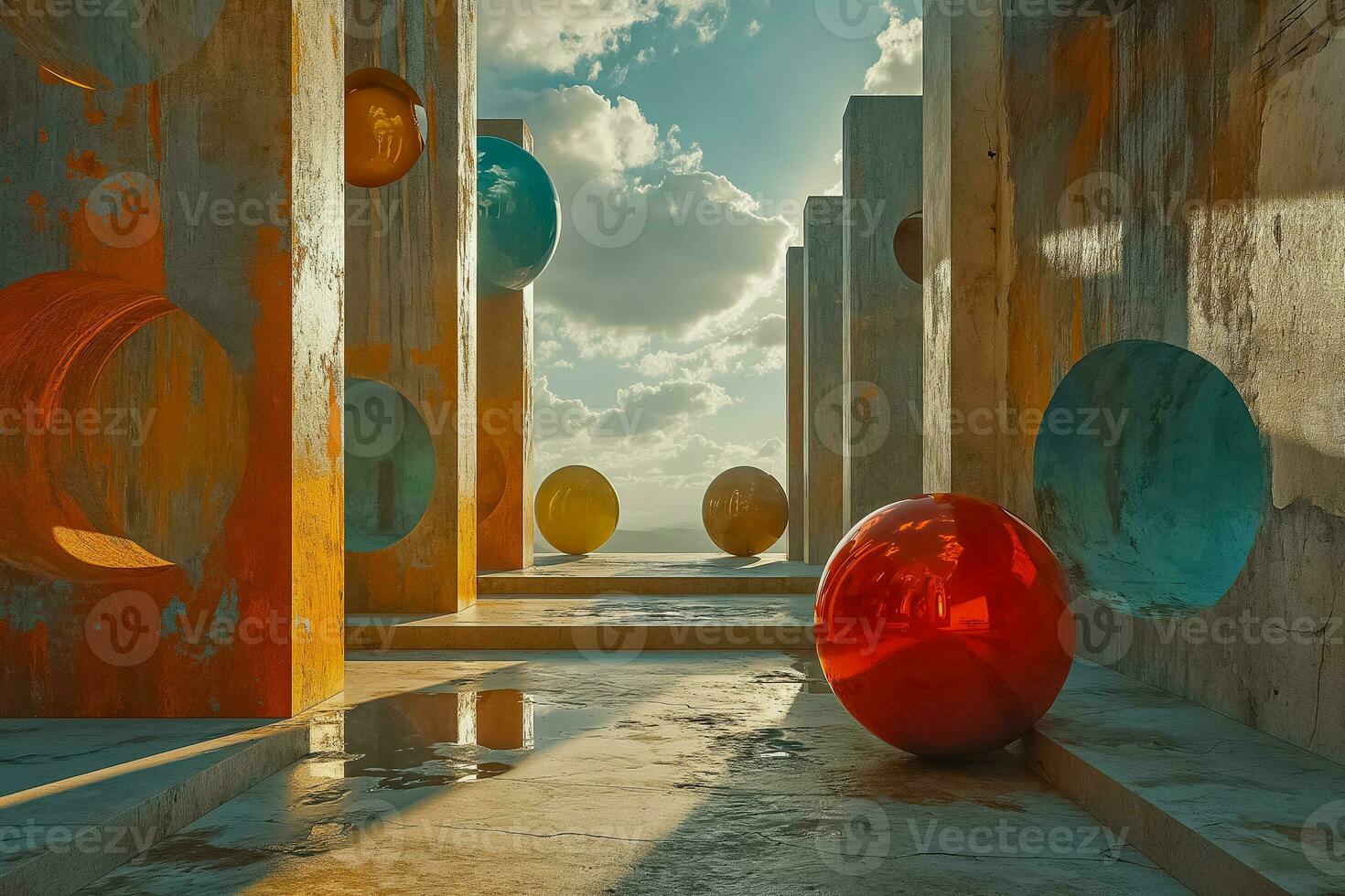AI generated Sunset Glow on Spherical Modern Structures photo