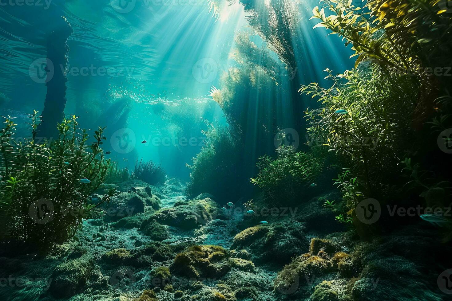 ai generado submarino serenidad, iluminado por el sol acuático mundo maravilloso foto