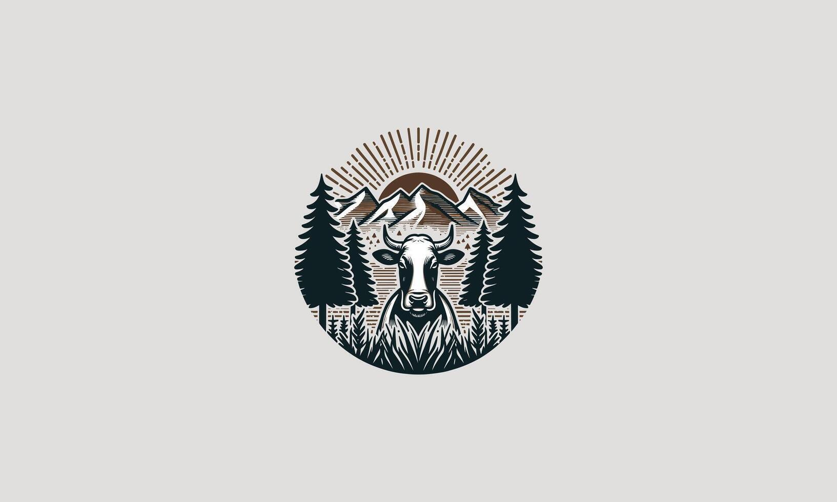 head cow on mountain forest vector artwork design