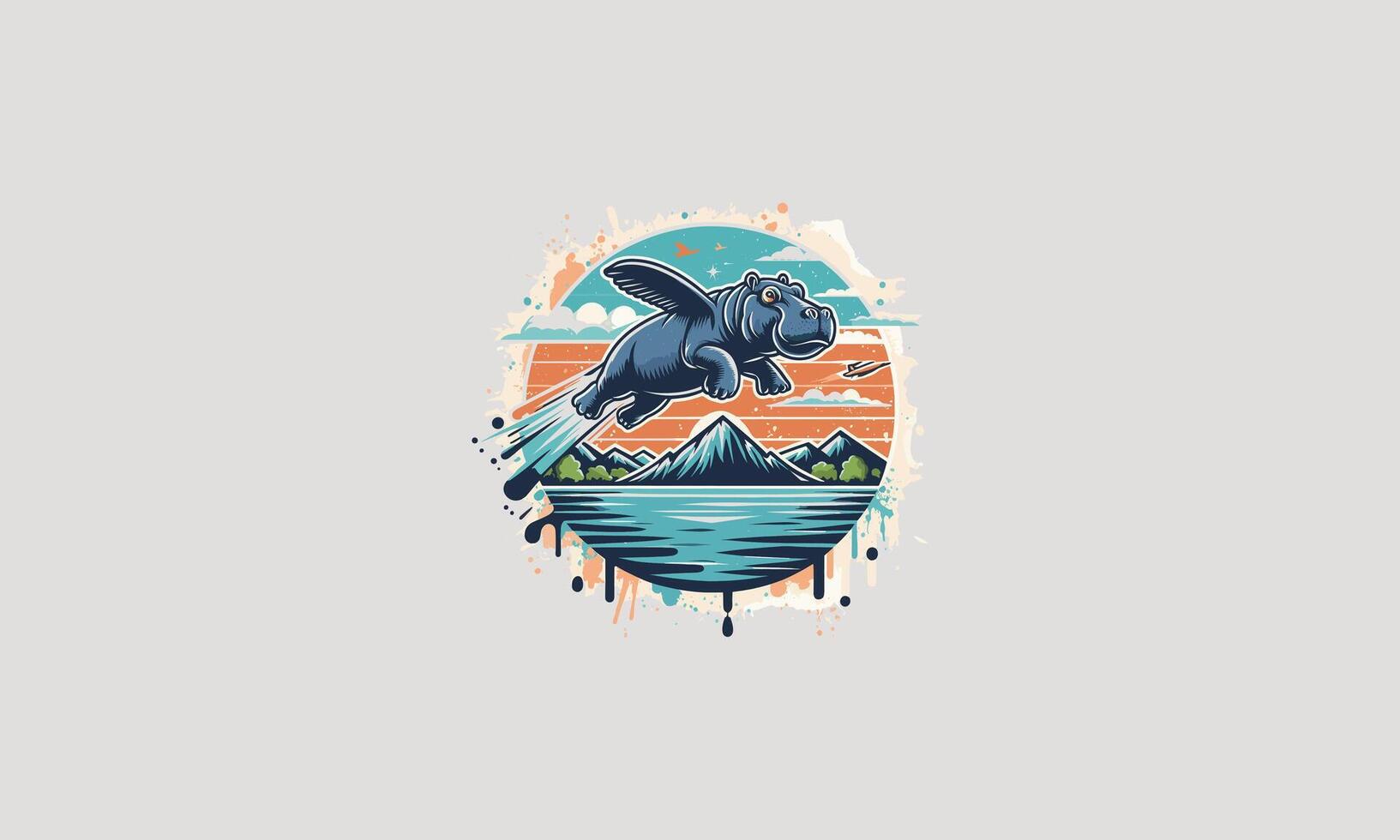 flying hippo on mountain vector artwork design