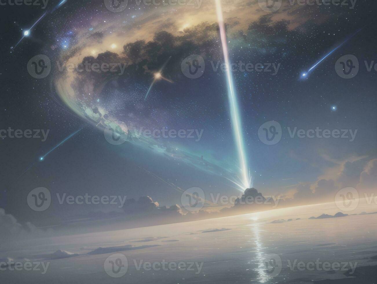 AI generated Surreal Landscape With Field and Nature Looking at the Celestial Starry Sky Majestic Background photo
