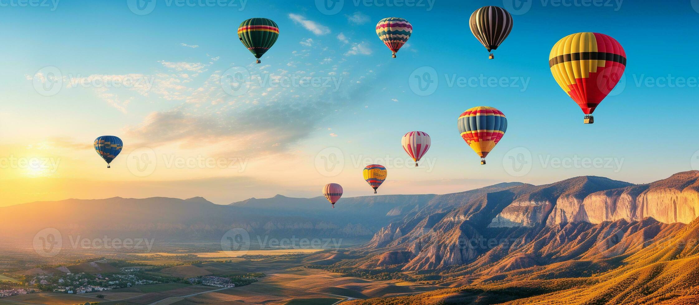 AI generated Colorful hot air balloons flying over mountain photo