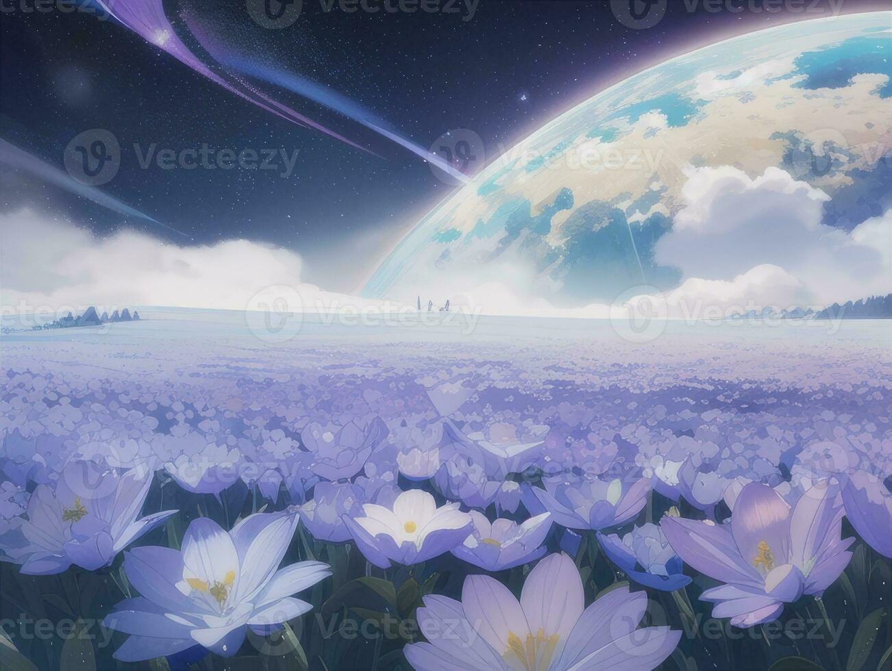 AI generated Surreal Landscape With Field and Nature Looking at the Celestial Starry Sky Majestic Background photo