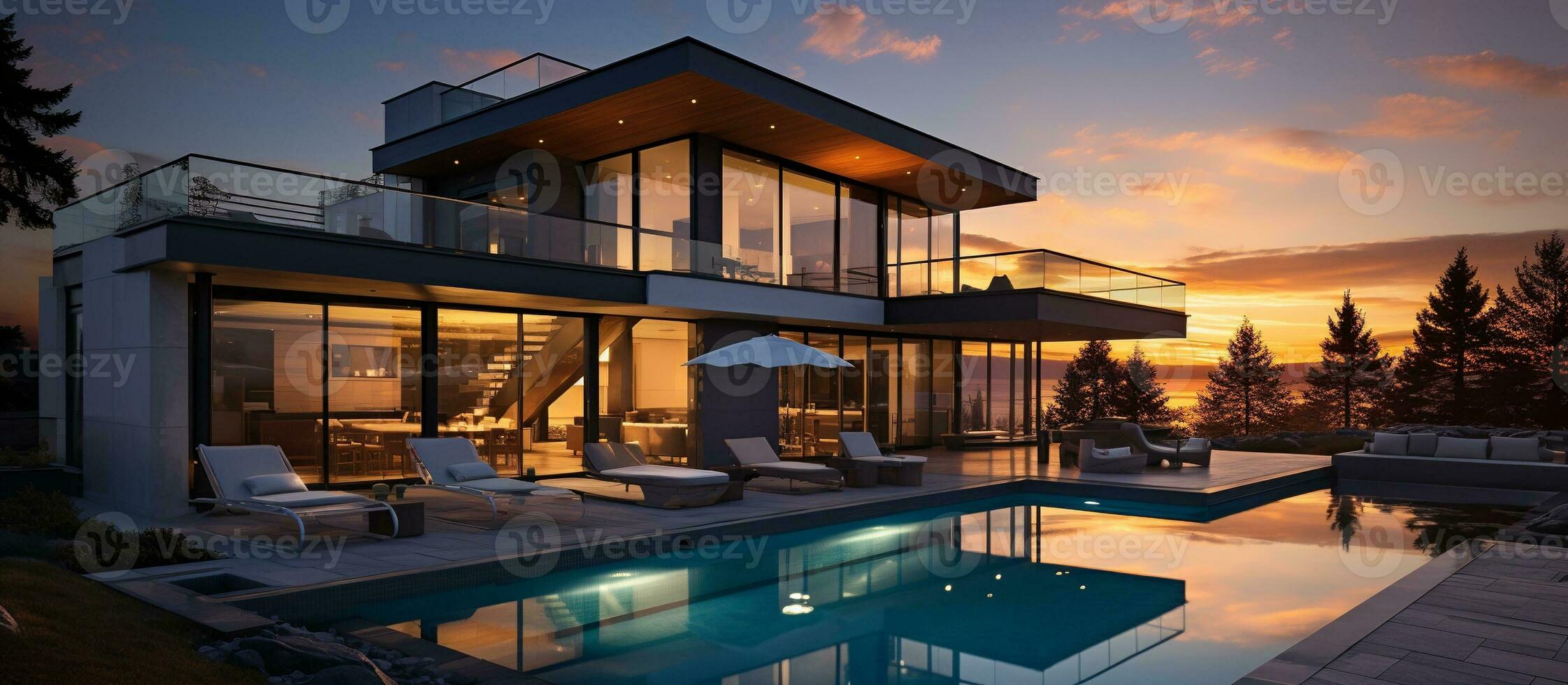 ai generado moderno casa con piscina y puesta de sol foto